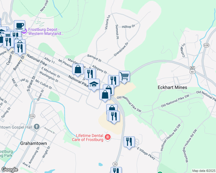 map of restaurants, bars, coffee shops, grocery stores, and more near 179 Mount Pleasant Street in Frostburg
