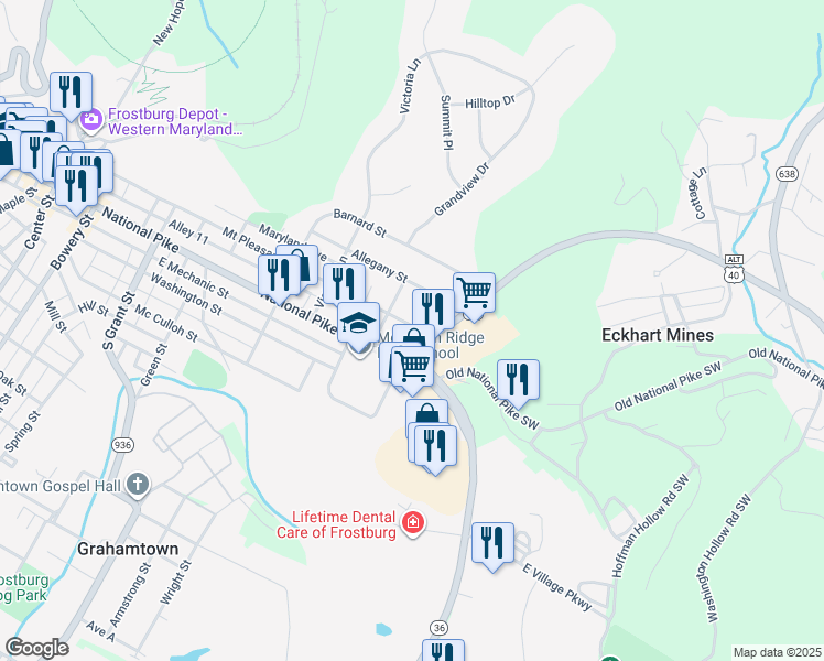 map of restaurants, bars, coffee shops, grocery stores, and more near 179 Mount Pleasant Street in Frostburg