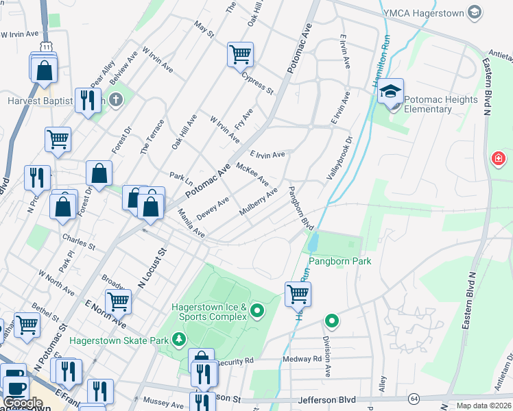 map of restaurants, bars, coffee shops, grocery stores, and more near 920 Mulberry Avenue in Hagerstown
