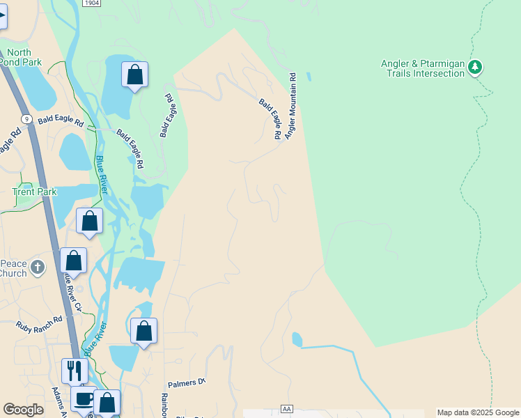 map of restaurants, bars, coffee shops, grocery stores, and more near 110 Caddis Lane in Silverthorne