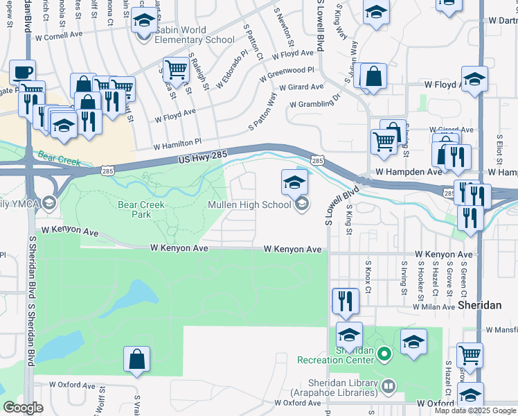 map of restaurants, bars, coffee shops, grocery stores, and more near 4003 West Kenyon Avenue in Denver