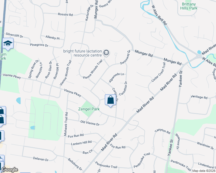 map of restaurants, bars, coffee shops, grocery stores, and more near 2020 Cortina Drive in Dayton