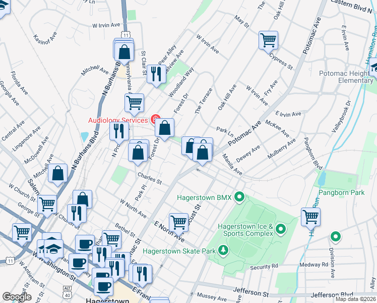 map of restaurants, bars, coffee shops, grocery stores, and more near 711 Oak Hill Avenue in Hagerstown
