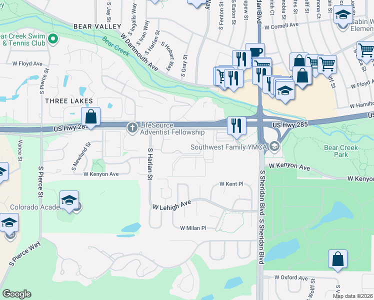 map of restaurants, bars, coffee shops, grocery stores, and more near 3596 South Depew Street in Lakewood