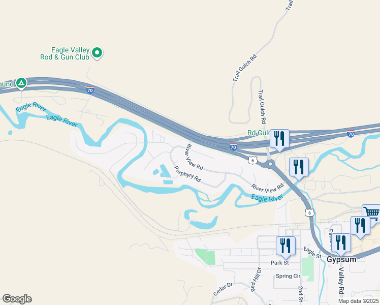 map of restaurants, bars, coffee shops, grocery stores, and more near 701 Meadow Court in Gypsum