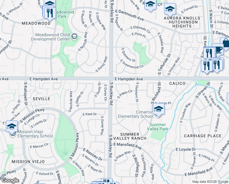 map of restaurants, bars, coffee shops, grocery stores, and more near 3594 South Pitkin Circle in Aurora