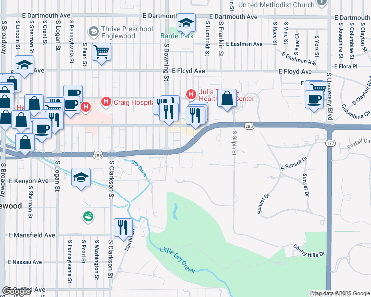 map of restaurants, bars, coffee shops, grocery stores, and more near 3701 South Lafayette Street in Englewood