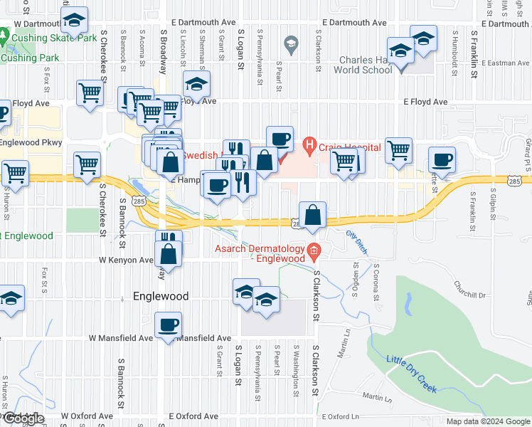 map of restaurants, bars, coffee shops, grocery stores, and more near 3601 South Pennsylvania Street in Englewood
