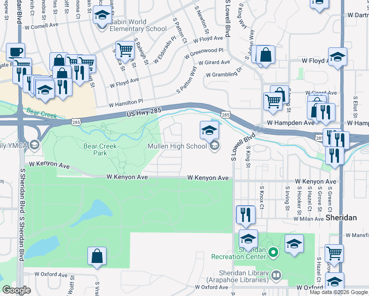 map of restaurants, bars, coffee shops, grocery stores, and more near 4003 West Kenyon Avenue in Denver
