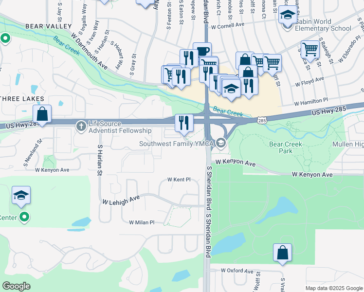 map of restaurants, bars, coffee shops, grocery stores, and more near 3663 South Sheridan Boulevard in Denver