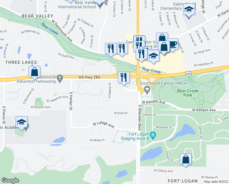 map of restaurants, bars, coffee shops, grocery stores, and more near 716 South Depew Street in Denver