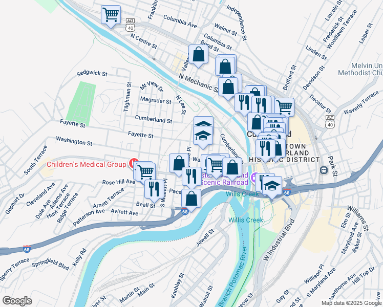 map of restaurants, bars, coffee shops, grocery stores, and more near 218 Washington Street in Cumberland
