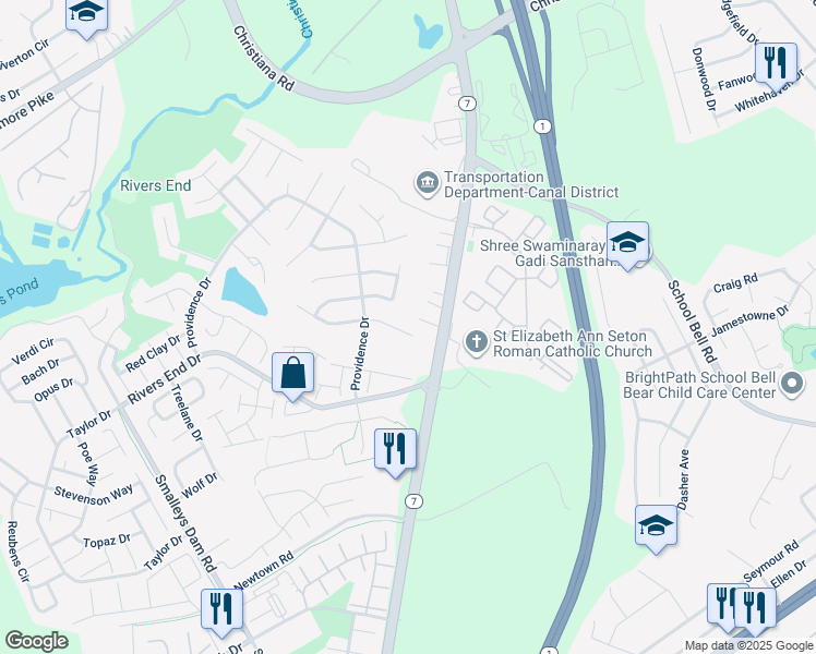 map of restaurants, bars, coffee shops, grocery stores, and more near 62 Cypress Bridge Place in Bear