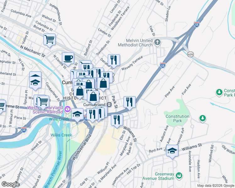 map of restaurants, bars, coffee shops, grocery stores, and more near 226 Williams Street in Cumberland