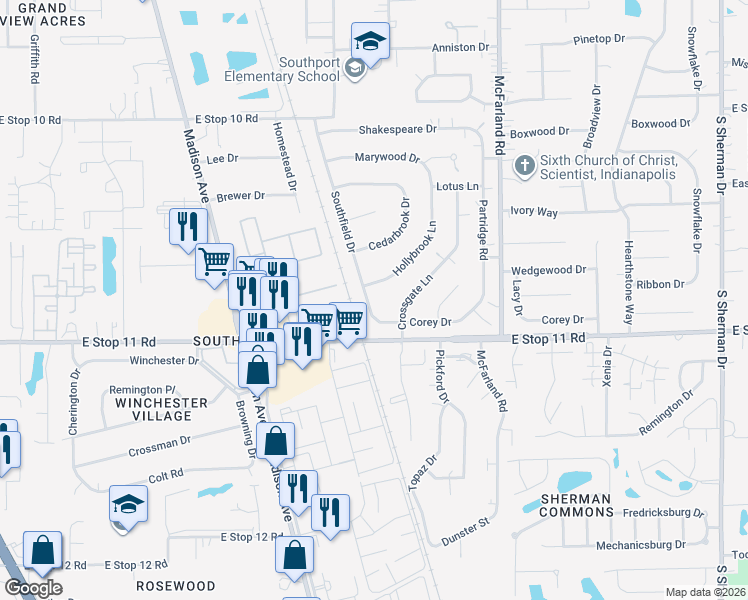 map of restaurants, bars, coffee shops, grocery stores, and more near 7931 Southfield Drive in Southport