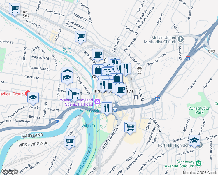 map of restaurants, bars, coffee shops, grocery stores, and more near 10 North Liberty Street in Cumberland