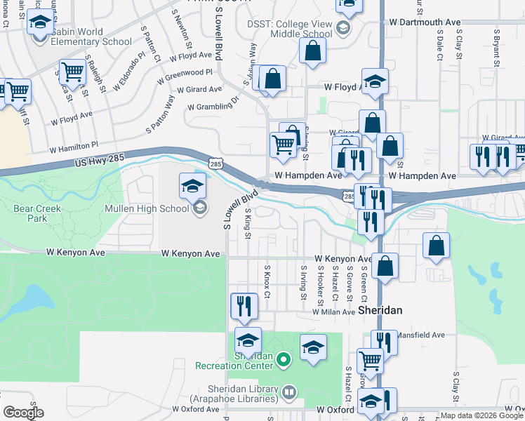 map of restaurants, bars, coffee shops, grocery stores, and more near 3524 South King Street in Denver