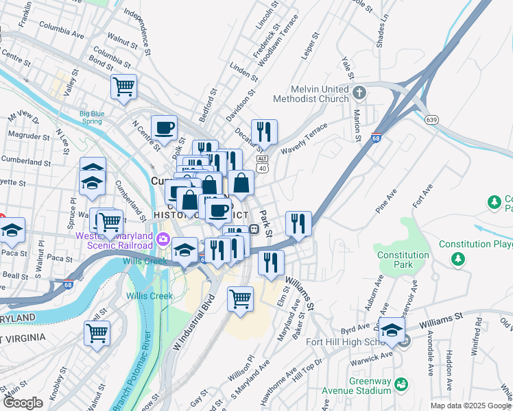 map of restaurants, bars, coffee shops, grocery stores, and more near 206 East Union Street in Cumberland