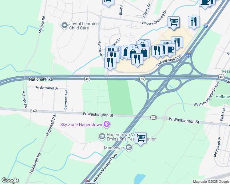 map of restaurants, bars, coffee shops, grocery stores, and more near 17636 West Washington Street in Hagerstown