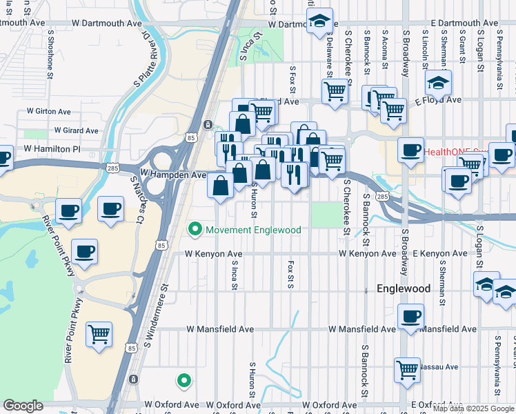 map of restaurants, bars, coffee shops, grocery stores, and more near 3610 South Huron Street in Englewood