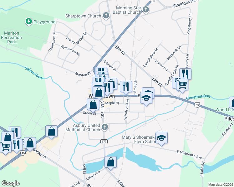 map of restaurants, bars, coffee shops, grocery stores, and more near 41 Maple Court in Woodstown