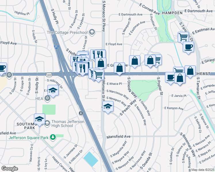 map of restaurants, bars, coffee shops, grocery stores, and more near 3551 South Monaco Street Parkway in Denver