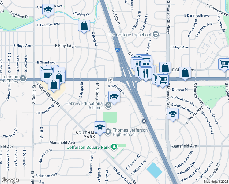 map of restaurants, bars, coffee shops, grocery stores, and more near 5770 East Ithaca Place in Denver