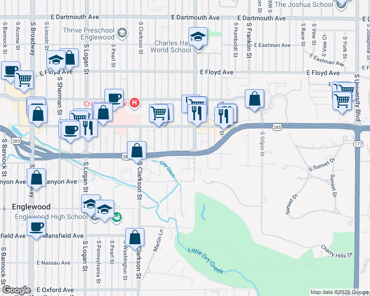 map of restaurants, bars, coffee shops, grocery stores, and more near 3641 South Downing Street in Englewood