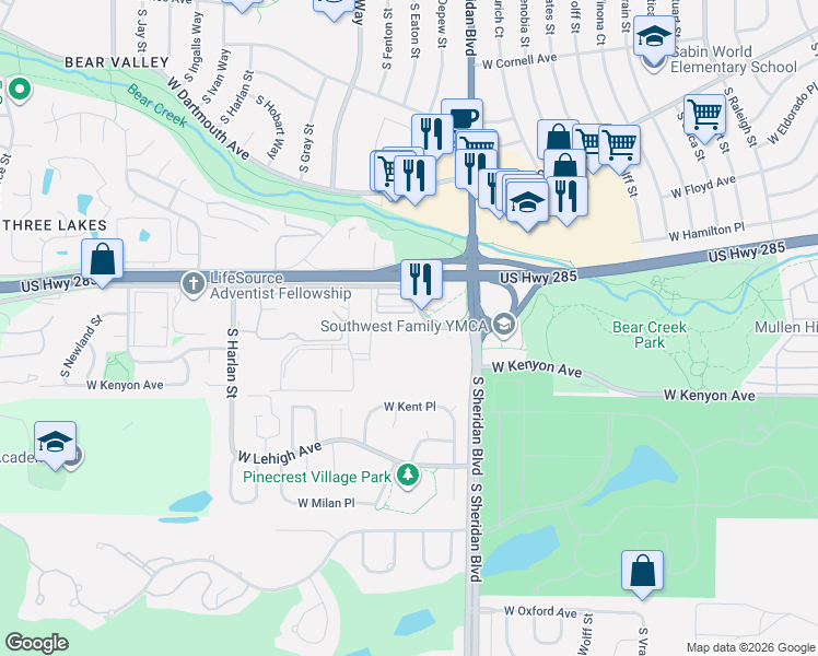 map of restaurants, bars, coffee shops, grocery stores, and more near 3663 South Sheridan Boulevard in Denver