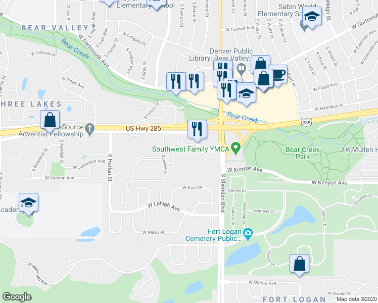 map of restaurants, bars, coffee shops, grocery stores, and more near 3663 South Sheridan Boulevard in Denver