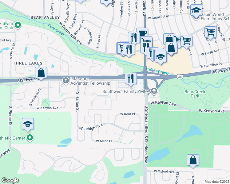 map of restaurants, bars, coffee shops, grocery stores, and more near 716 South Depew Street in Denver