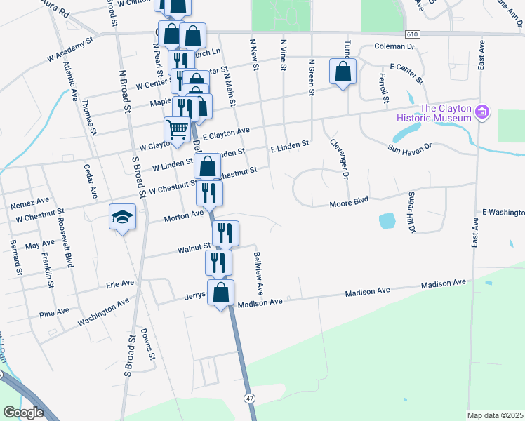 map of restaurants, bars, coffee shops, grocery stores, and more near 315 South Delsea Drive in Clayton