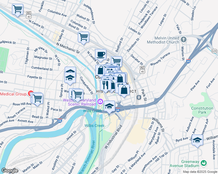map of restaurants, bars, coffee shops, grocery stores, and more near 70 Pershing Street in Cumberland