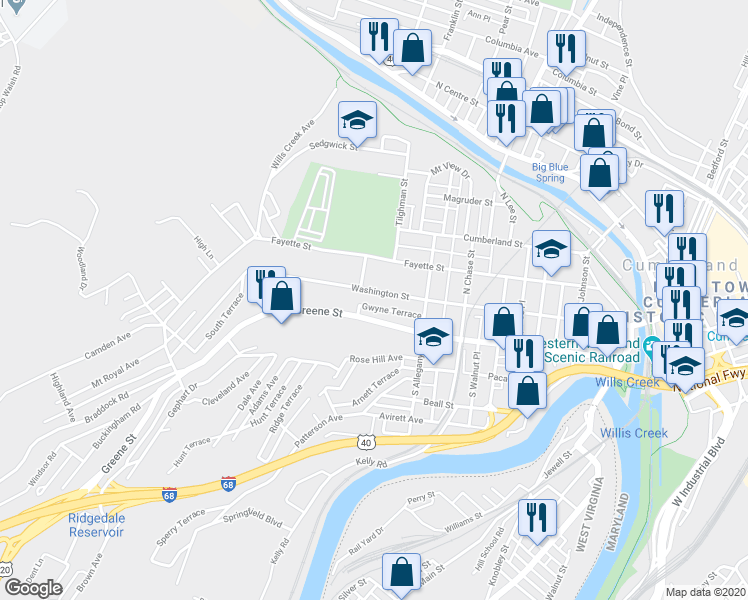 map of restaurants, bars, coffee shops, grocery stores, and more near 539 Greene Street in Cumberland