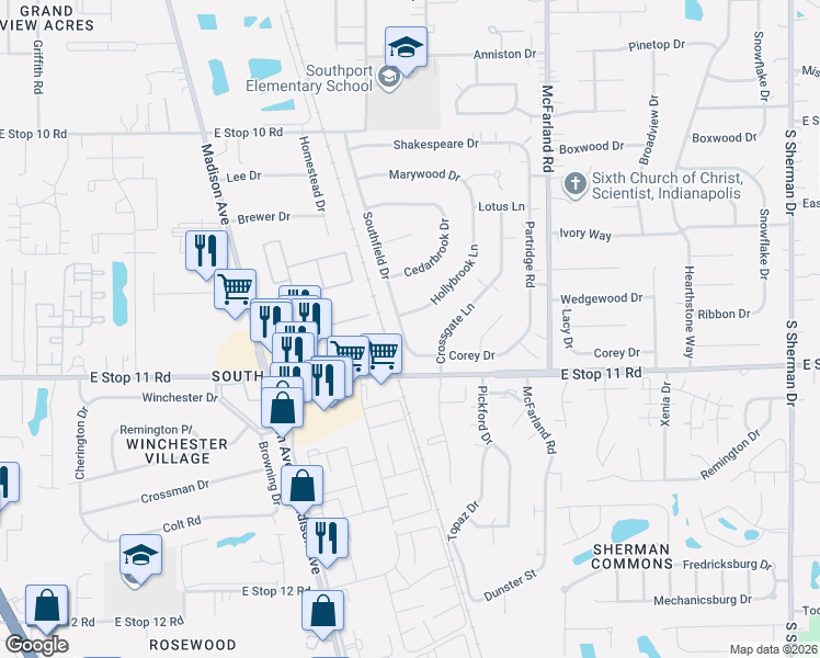 map of restaurants, bars, coffee shops, grocery stores, and more near 7931 Southfield Drive in Southport