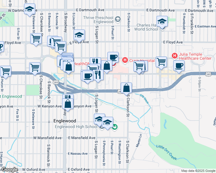 map of restaurants, bars, coffee shops, grocery stores, and more near 3590 South Pennsylvania Street in Englewood