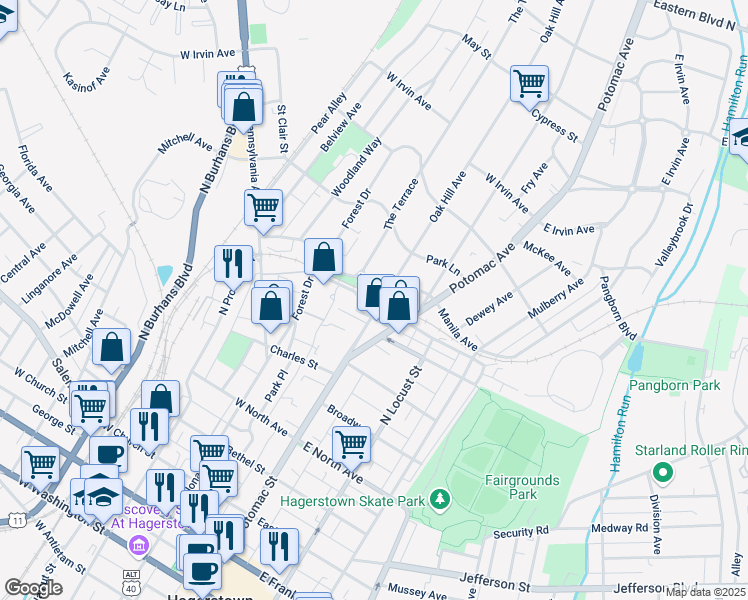 map of restaurants, bars, coffee shops, grocery stores, and more near 717 Oak Hill Avenue in Hagerstown