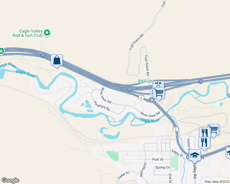 map of restaurants, bars, coffee shops, grocery stores, and more near 701-799 Meadow Court in Gypsum