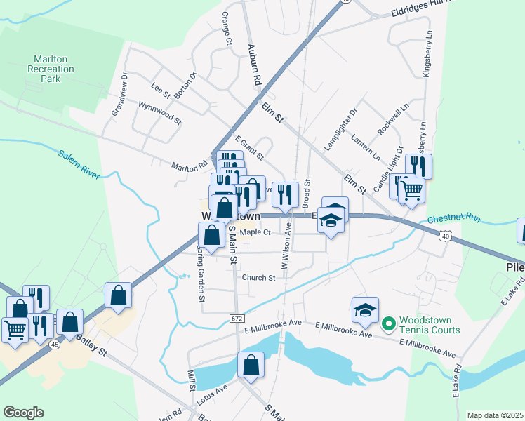 map of restaurants, bars, coffee shops, grocery stores, and more near 41 Maple Court in Woodstown