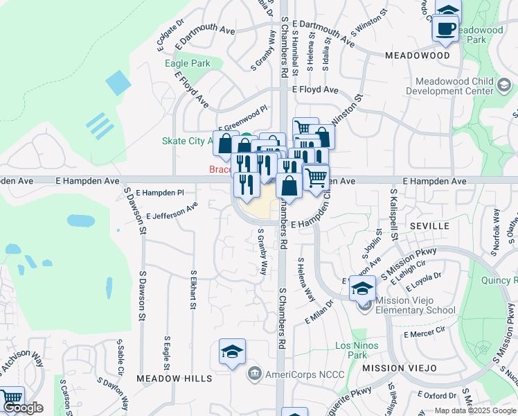 map of restaurants, bars, coffee shops, grocery stores, and more near 15202 East Hampden Circle in Aurora