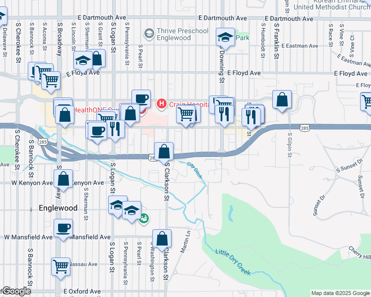 map of restaurants, bars, coffee shops, grocery stores, and more near 3601 South Ogden Street in Englewood