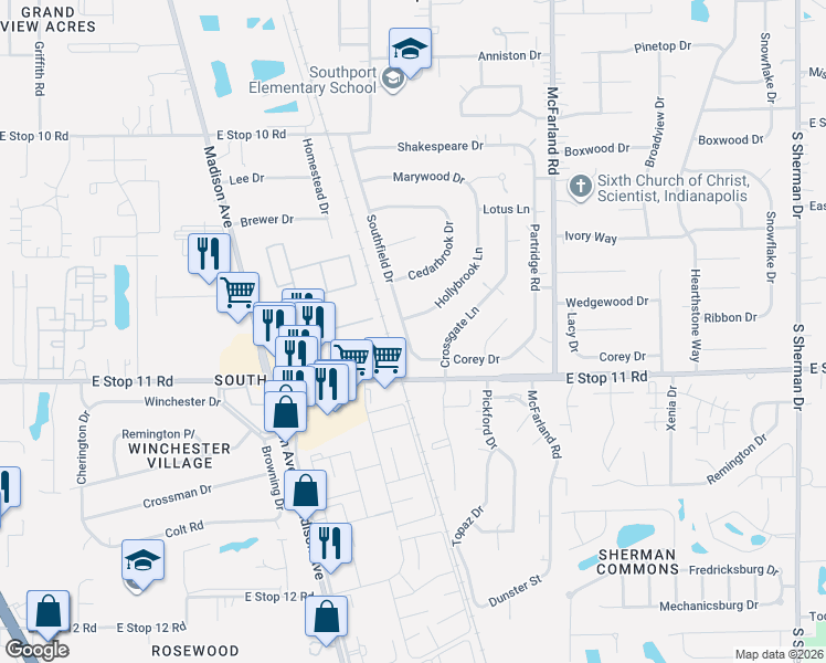 map of restaurants, bars, coffee shops, grocery stores, and more near 7931 Southfield Drive in Southport