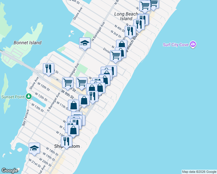 map of restaurants, bars, coffee shops, grocery stores, and more near 111 East 6th Street in Ship Bottom