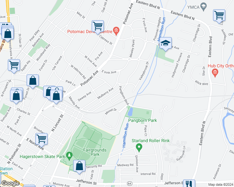 map of restaurants, bars, coffee shops, grocery stores, and more near 953 View Street in Hagerstown