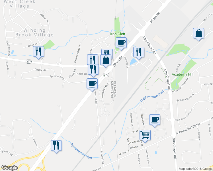 map of restaurants, bars, coffee shops, grocery stores, and more near 1702 Stone Gate Boulevard in Elkton
