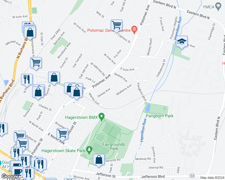 map of restaurants, bars, coffee shops, grocery stores, and more near 866 Dewey Avenue in Hagerstown