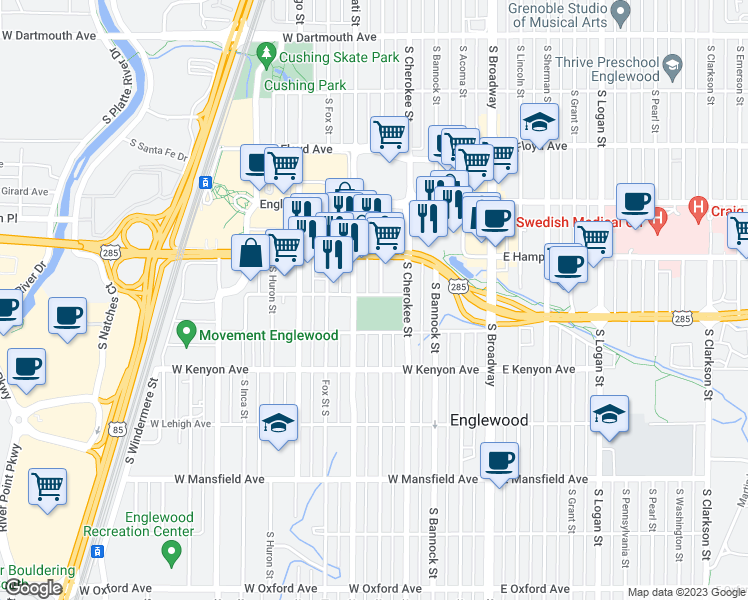 map of restaurants, bars, coffee shops, grocery stores, and more near 3600 South Elati Street in Englewood