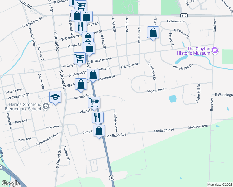 map of restaurants, bars, coffee shops, grocery stores, and more near 315 South Delsea Drive in Clayton