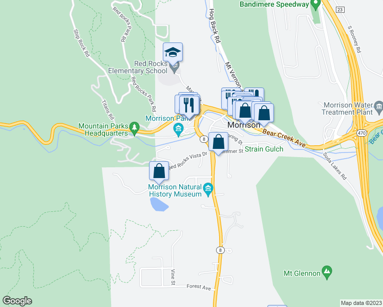 map of restaurants, bars, coffee shops, grocery stores, and more near 121 Red Rocks Vista Drive in Morrison