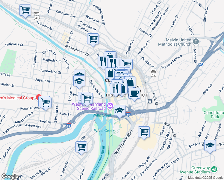map of restaurants, bars, coffee shops, grocery stores, and more near 26 North Centre Street in Cumberland